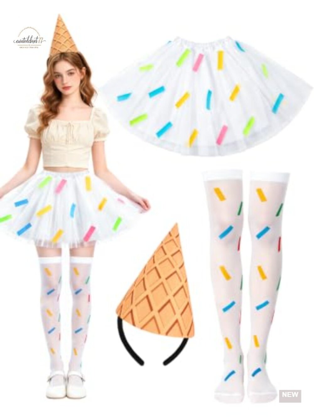 Ice Cream Costume Set 3D Cone Hat Tutu Skirt Stockings Halloween